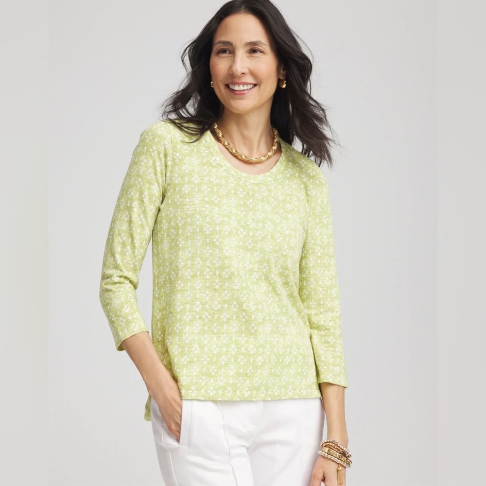 chicos slub cotton geometric print 3/4 length sleeve scoop neck tshirt